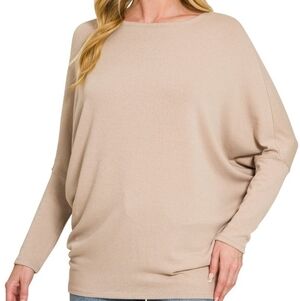 Zenana Hacci Dolman Sleeve Boat Neck Top - Ash Mocha